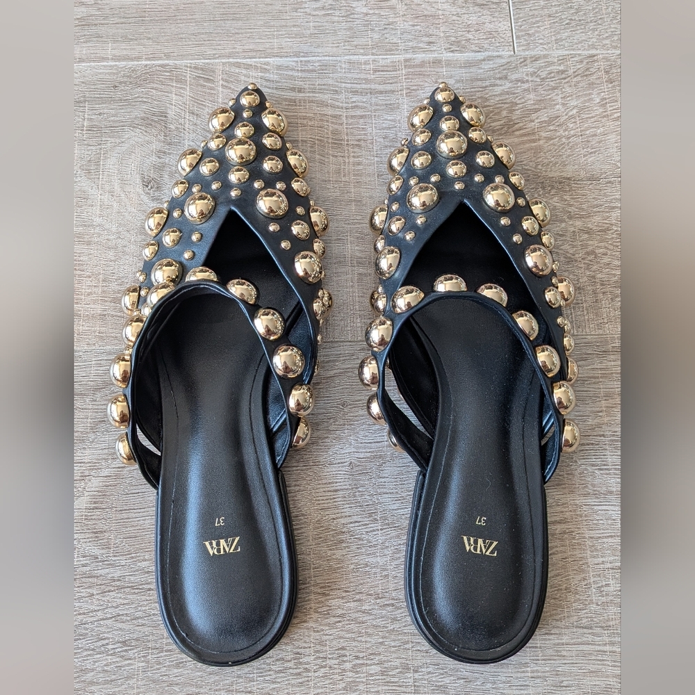 Zara Black Heavy Gold Studded Mules Slip On Shoes 37 US 7